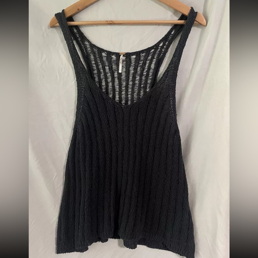Free People Dark Green Boho Crochet Sweater Tank Sz L